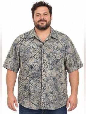 Johari West Abstract Blue & Gray Button Down Tropical Coastal Sz XL
